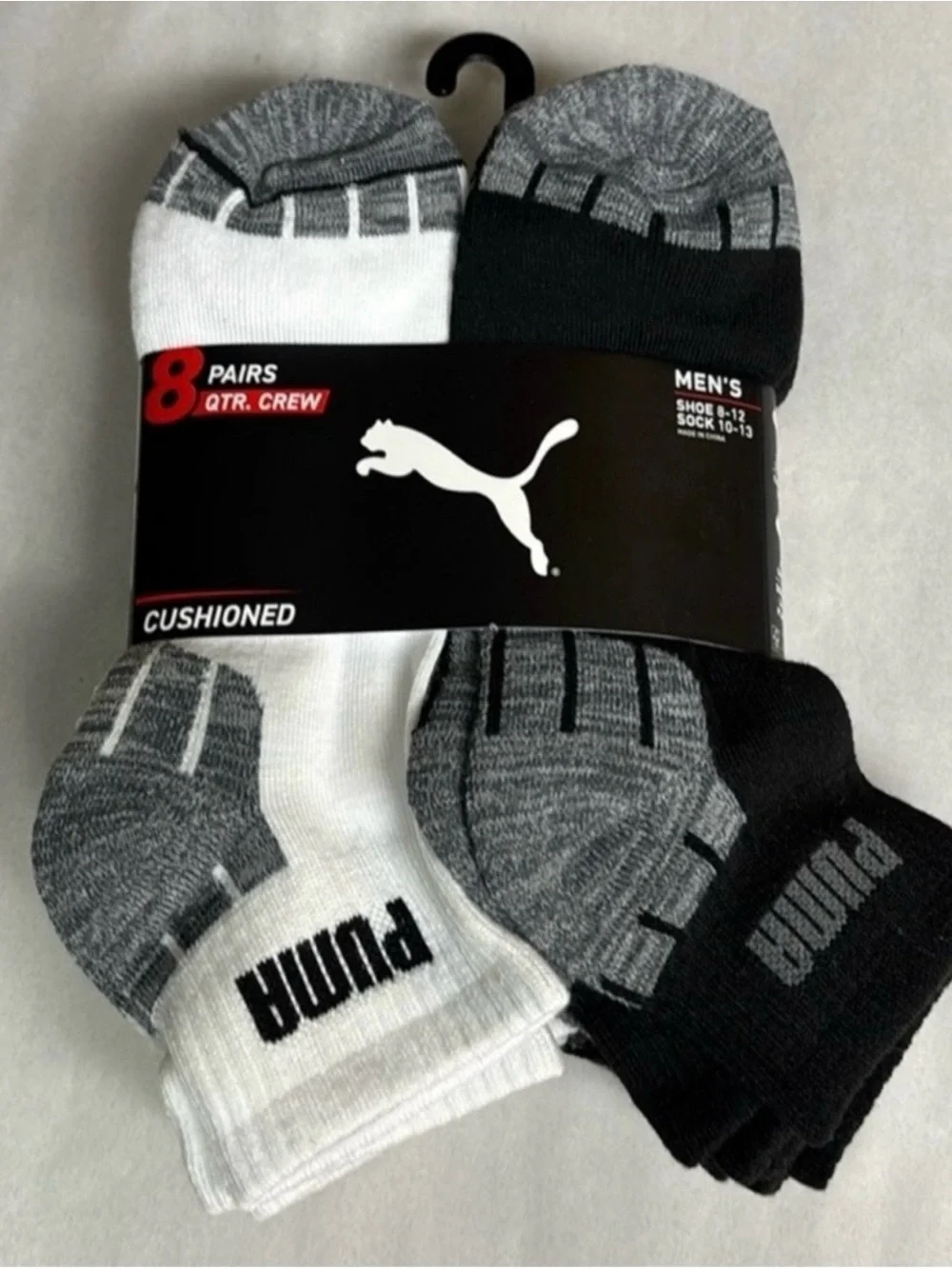 New Puma Socks Men’s Quarter Crew Socks 8 Pair Black & White Athletic Casual